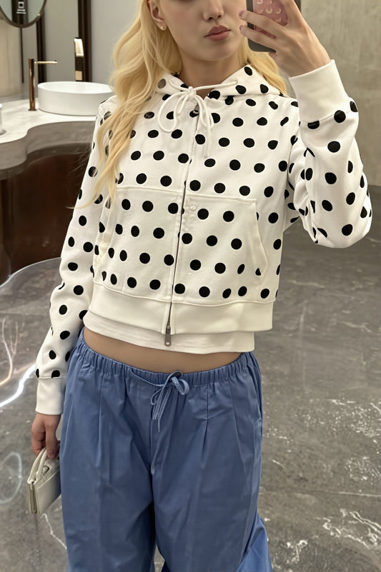 Polka Dot Ribbed hem Cropped Hoodie