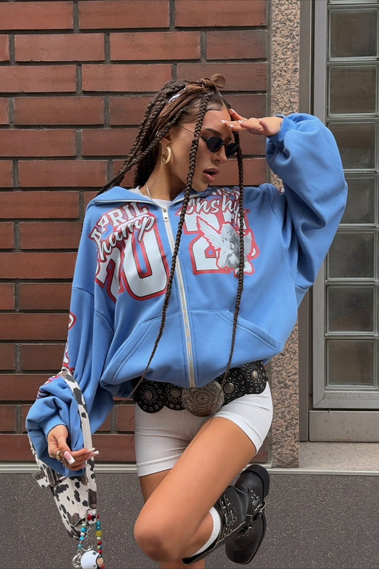 Schwerer bedruckter Kapuzenpullover mit Reißverschluss