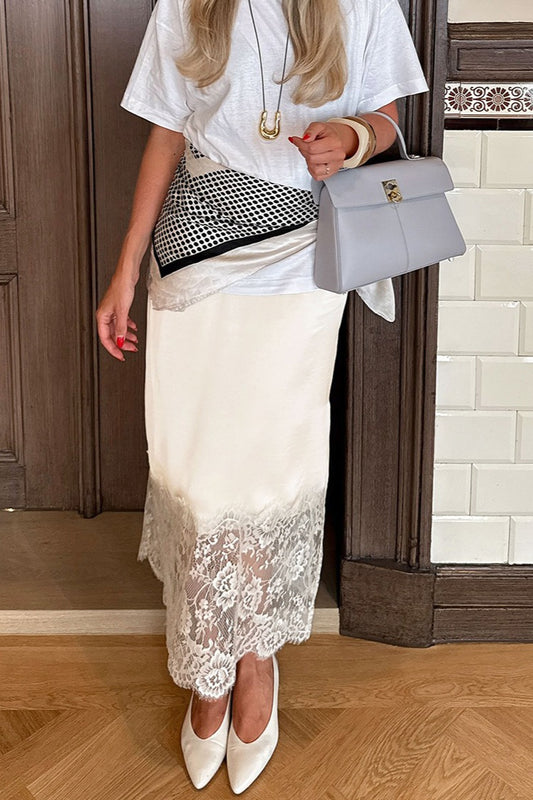 Asymmetric Lace-Panel Midi Skirt