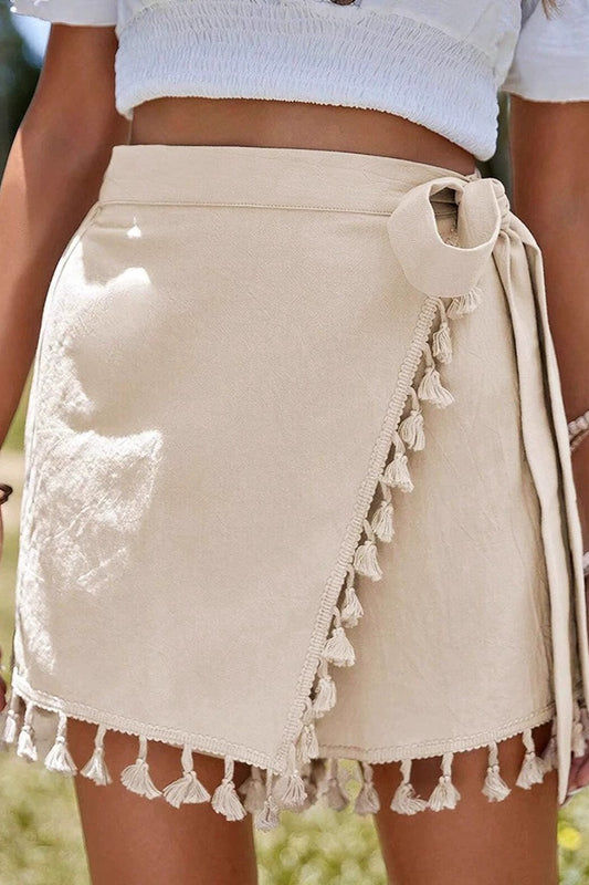Sexy Solid Lace Up Fringe Hem Short Skirt