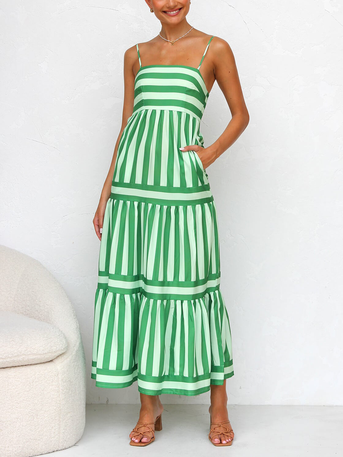 Suspender Open Back Striped Graceful Positioning Print Pocket Midi Dress Dresses