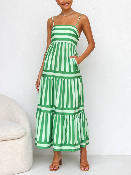 Suspender Open Back Striped Graceful Positioning Print Pocket Midi Dress Dresses