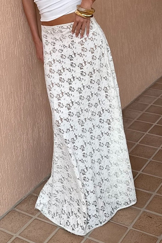 Vintage Maxirock aus transparentem Jacquard-Spitzenstoff mit niedrigem Bund