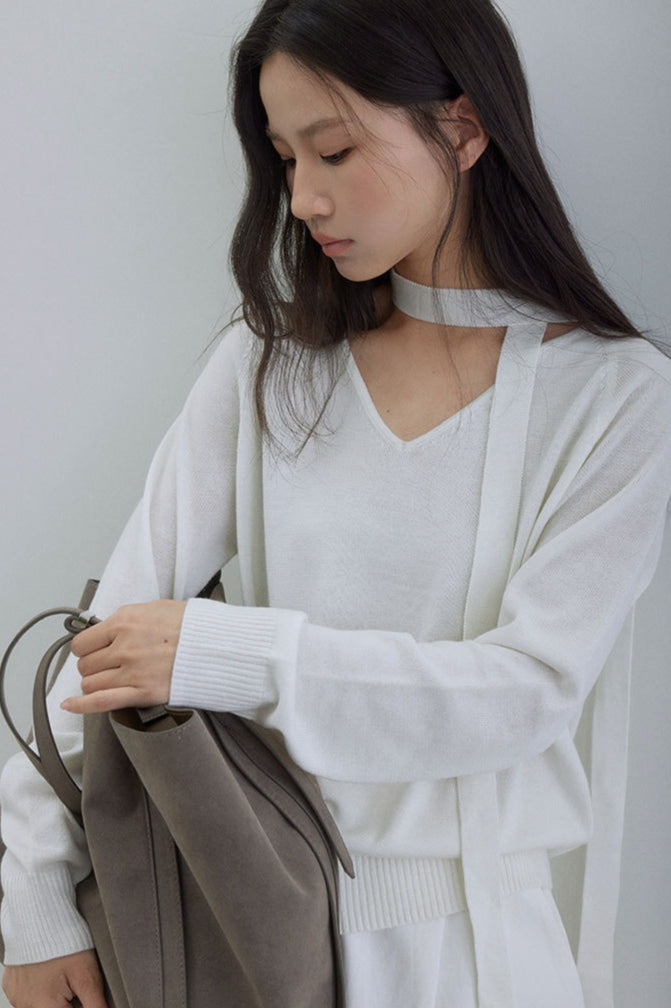 Wool V-Neck Oversized Long-Sleeve Knit Top