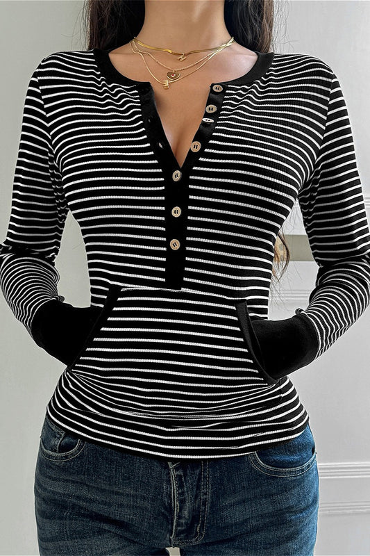 Striped Henley Neck Waist Tie T Shirt
