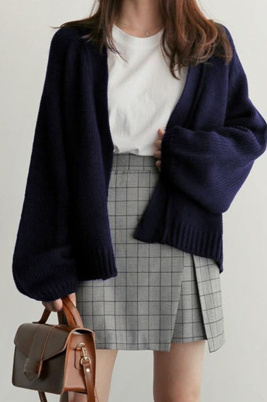 ropped Relaxed Cardigan Navy blue / One Size