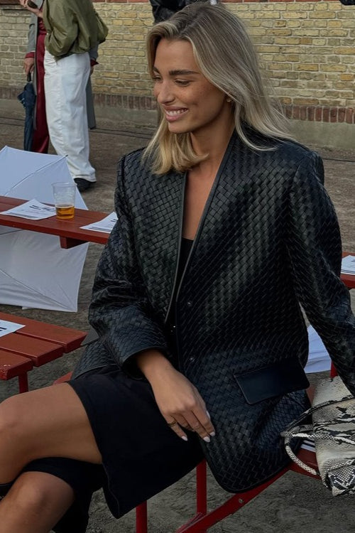 V-Neck Woven Leather Long Sleeve Jacket