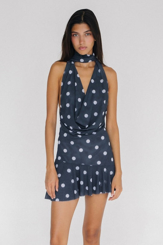 Rückenfreies Minikleid aus Netzstoff mit Polka Dots und Neckholder