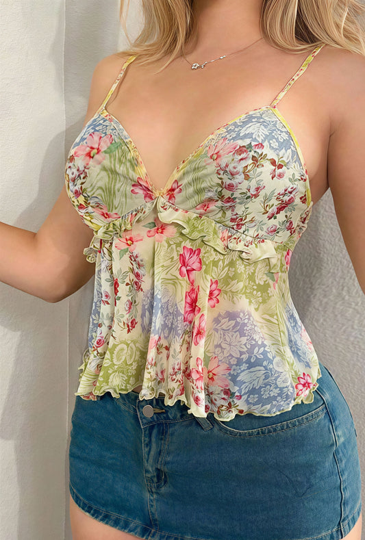 Sexy Sheer Print Ruffle Cami Top