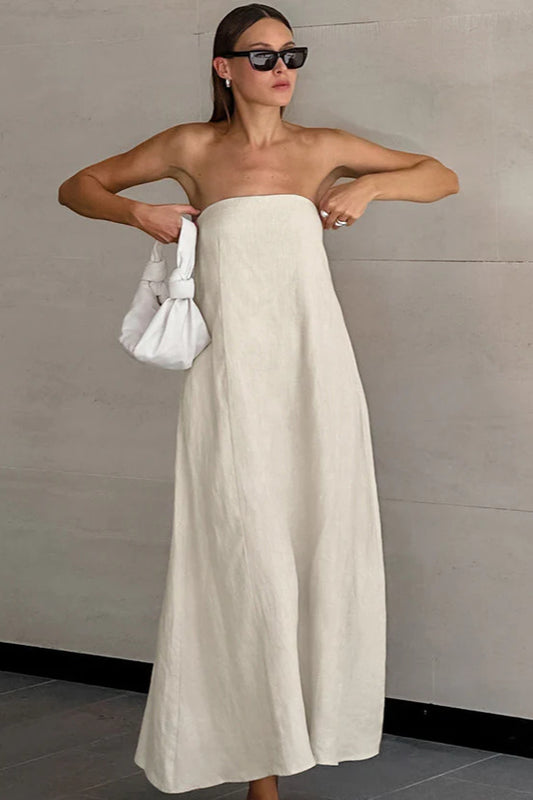 Khakifarbenes trägerloses, rückenfreies Maxikleid aus Baumwollleinen