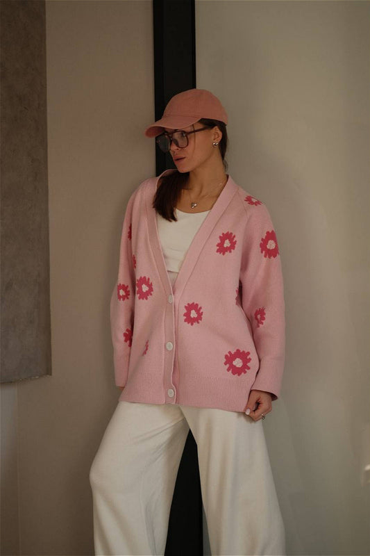 Flauschiger Jacquard-Cardigan mit lockerem V-Ausschnitt und Gänseblümchenmuster