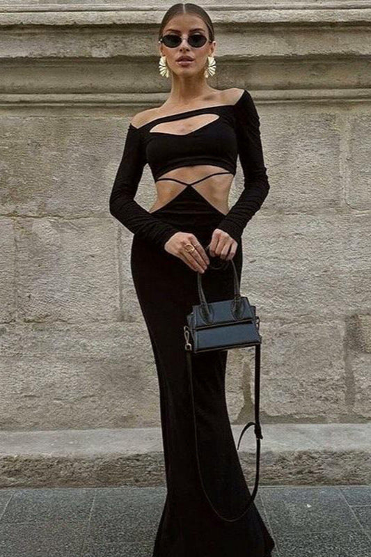 Schlankes, hohles, langärmliges, sexy Temperament-Maxikleid 