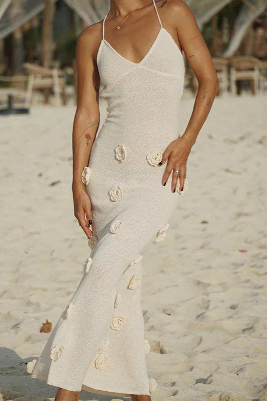 Rückenfreies Maxikleid aus Strick mit Blumenmuster und Schnürung 