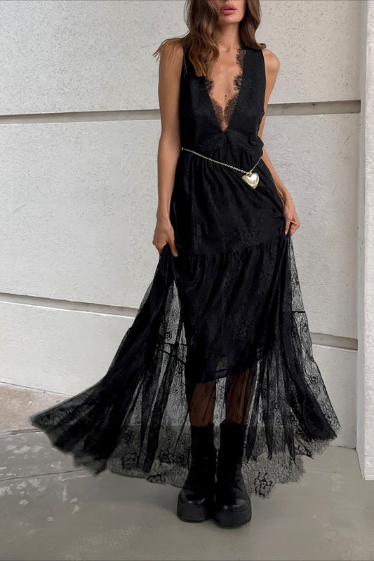 Sexy Solid V Neck Loose Lace Maxi Dress