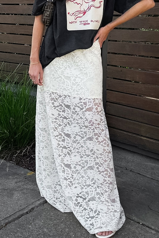 Weißer transparenter A-Linien-Rock mit hoher Taille aus Spitze