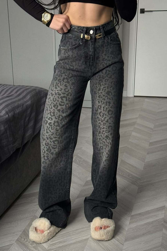 Schwarze, graue, gewaschene High-Waist-Jeans mit Leopardenmuster und hohem Bund