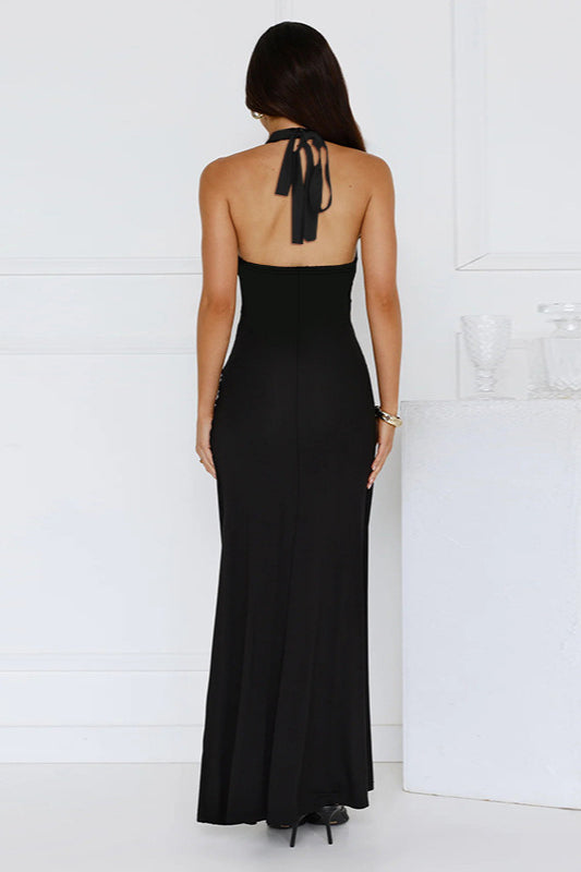 Halter V Neck Slit Slim Long Fitted Party Dress