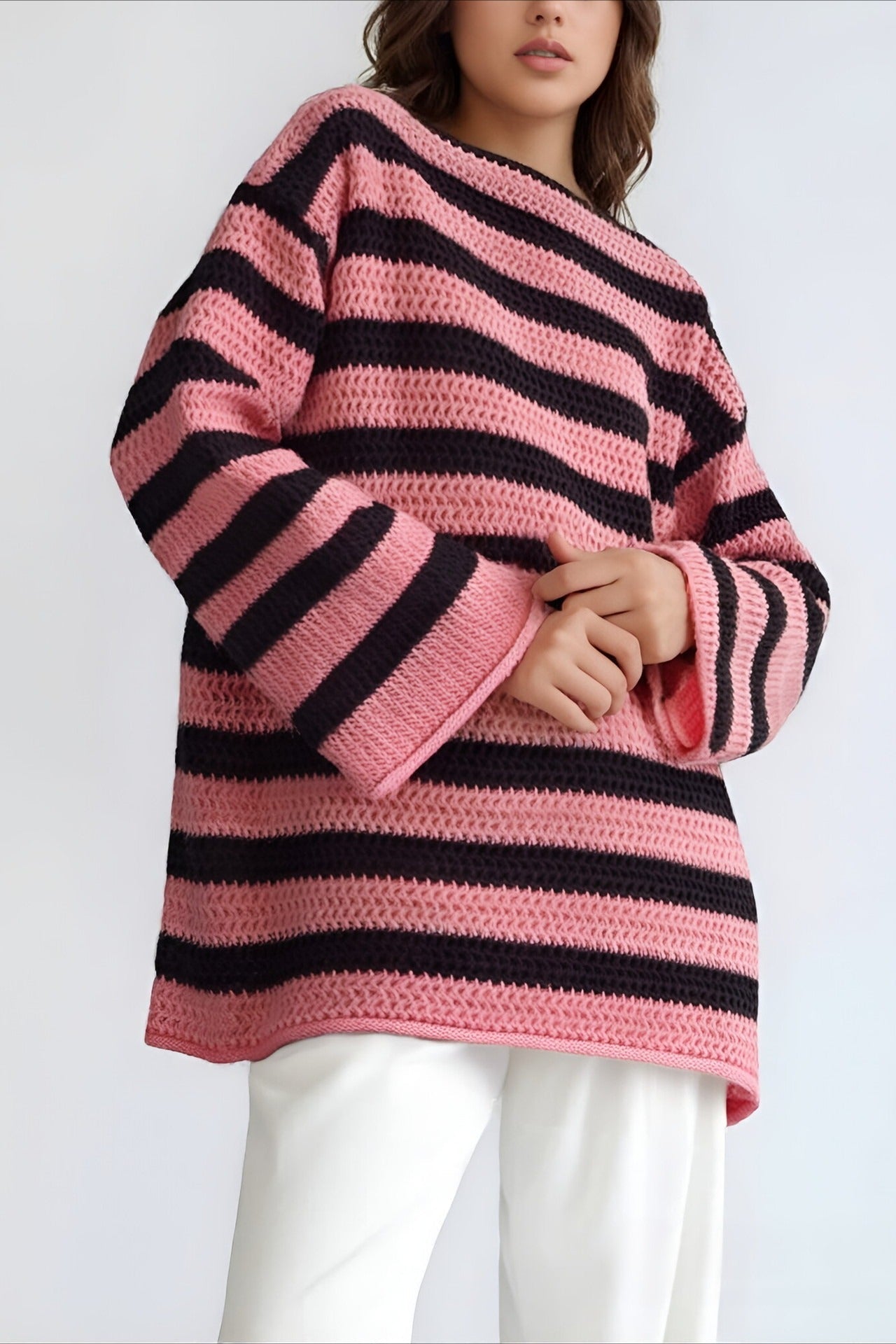 Striped Knit Casual Loose Sweater Pink / S