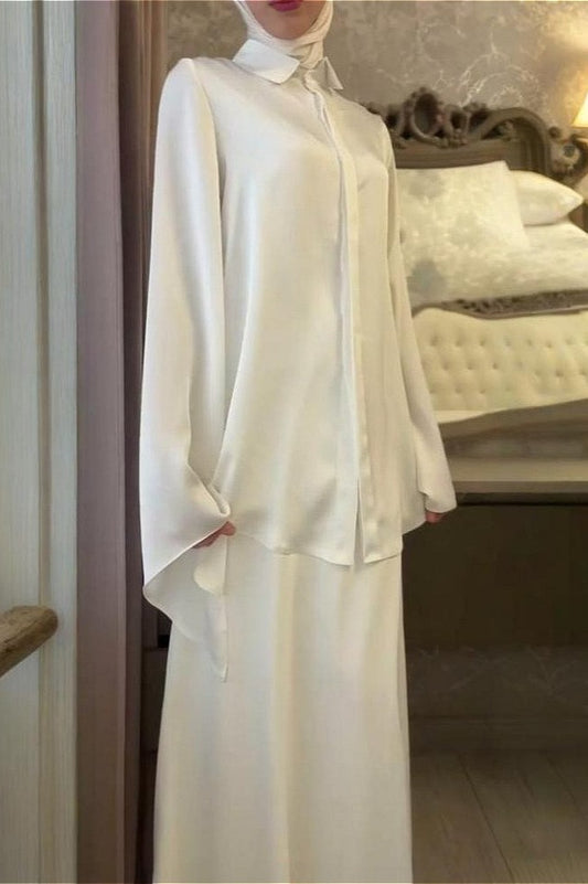 Vintage Satinbluse mit tailliertem Rock, zweiteiliges Set