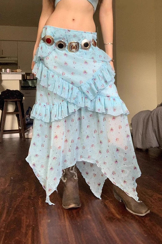 Transparenter, geblümter Rock mit niedrigem Bund, asymmetrischen Rüschen und A-Linien-Schnitt