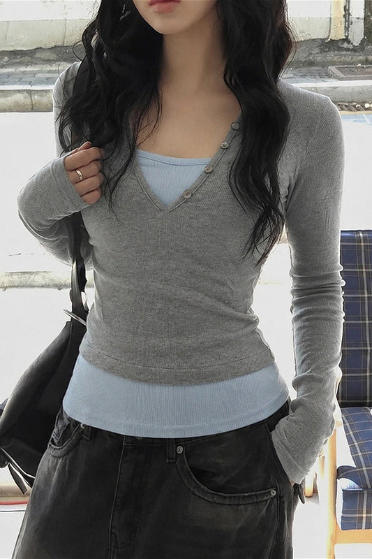 Layered Look V Neck Button Long Sleeve Tee