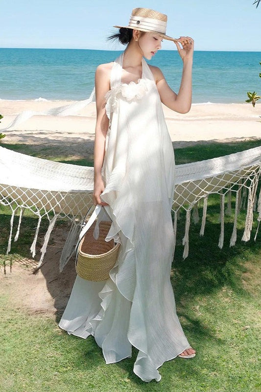 Halter Elegant Slim 3D Floral Maxi Dress