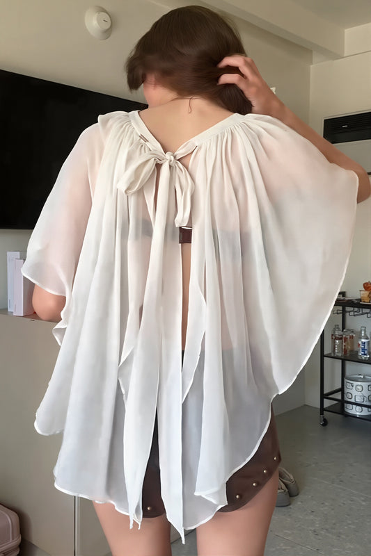 Gathered Neck Flutter Sleeve Blouse