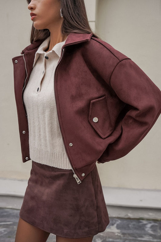 Brown Faux Suede Collared Jacket