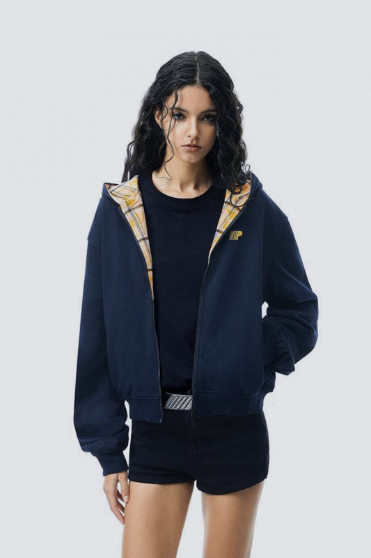 Karierter, farblich abgesetzter Kapuzenpullover mit Reißverschluss, locker geschnitten