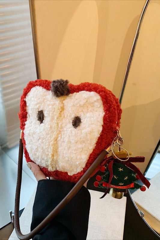 Niedliche Mini-Handtasche aus flauschigem Sherpa-Fleece mit Apfelmuster, ideal als Umhängetasche.