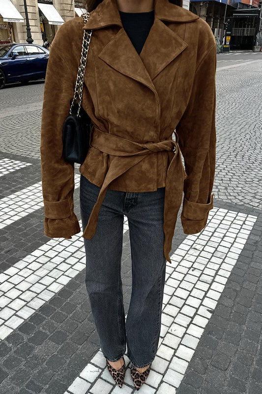 Belted Faux Suede Wrap Jacket