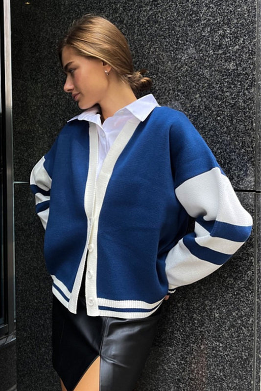 Simple Color Block Striped Relaxed Knit Cardigan