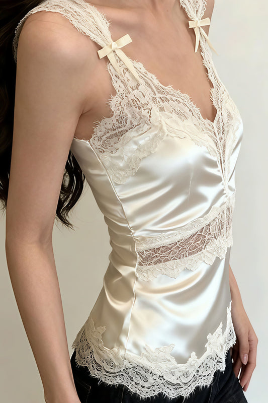 Bow Lace Patch V Neck Solid Tank Top