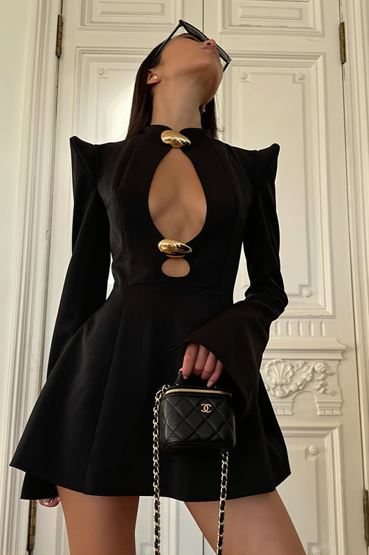 Waist-Defined Solid Cutout Dress