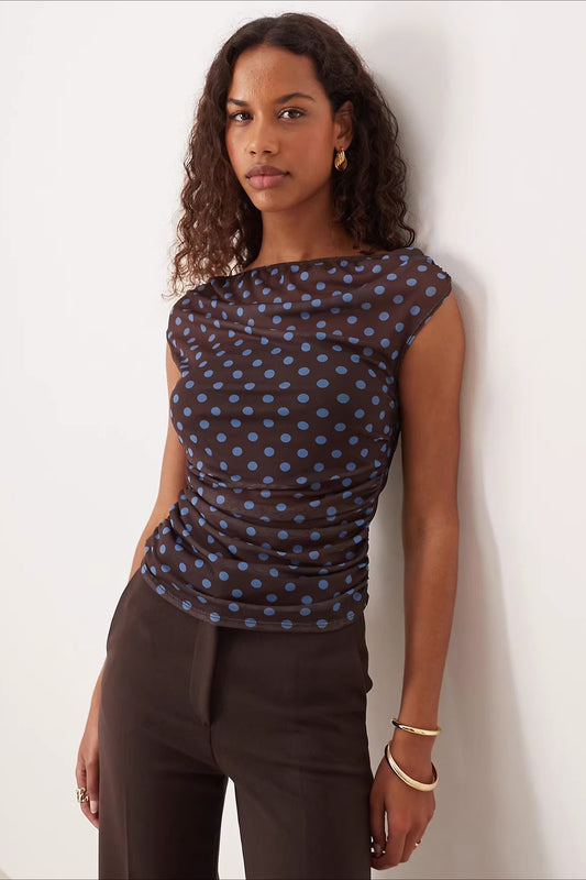 Ruched Polka Dot Mesh Short Sleeve Blouse