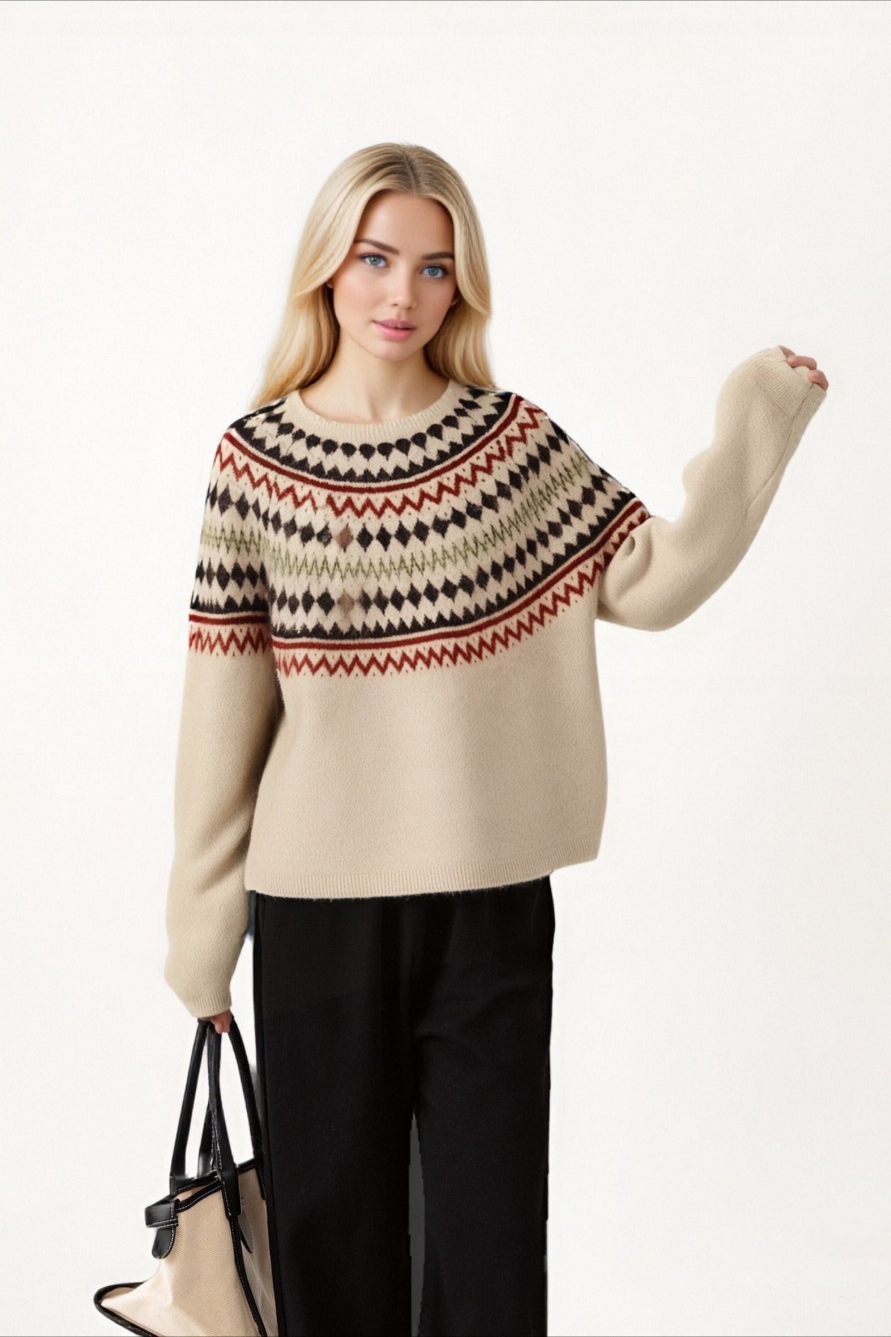 Fair Isle Loose Crewneck Plus Size Knit Sweater