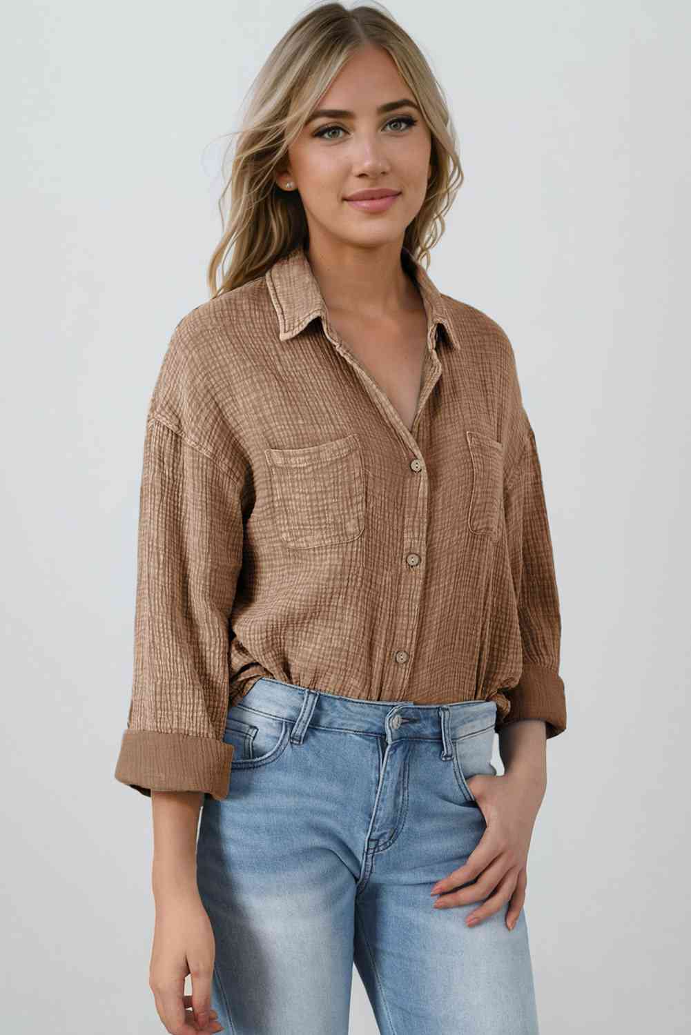 Blouse Textured With Buttons Clothes