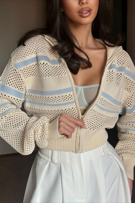 Farbblock-Streifen-Kapuzenpullover mit Reißverschluss, Kragenausschnitt und langen Ärmeln