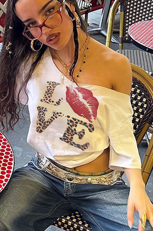 Street Style Leopard Letter Print V Neck Sexy Crop Top T-shirt