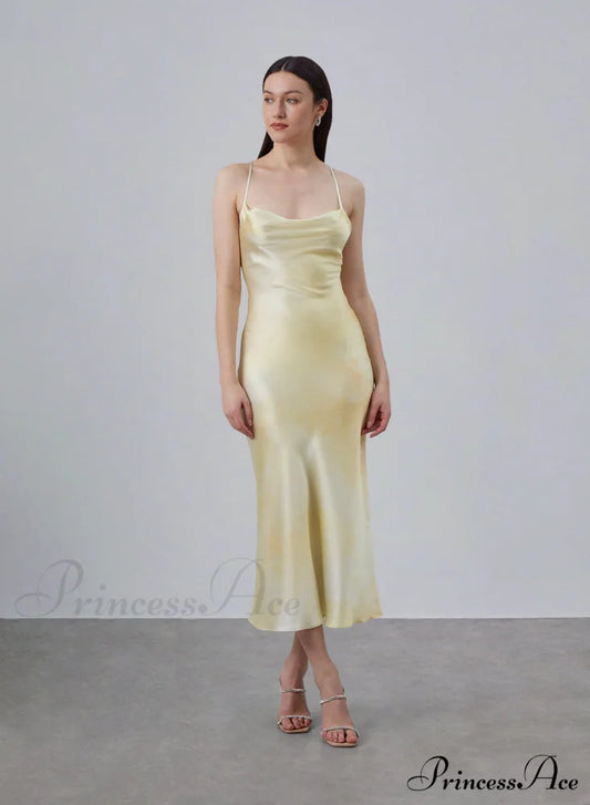 90S Forever Cowl Neck Graceful Maxi Silk Slip Dress 4 Days / 2 Xs Yellow