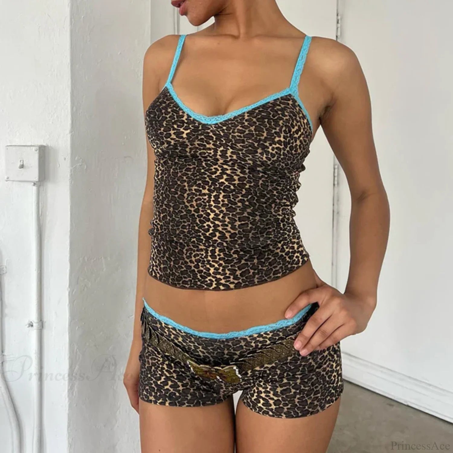 90s Rave Leopard Print 2 Piece Set Lace Trim Spaghetti Strap Camis + Shorts Y2K Vintage Crop Tops Sexy Club Party