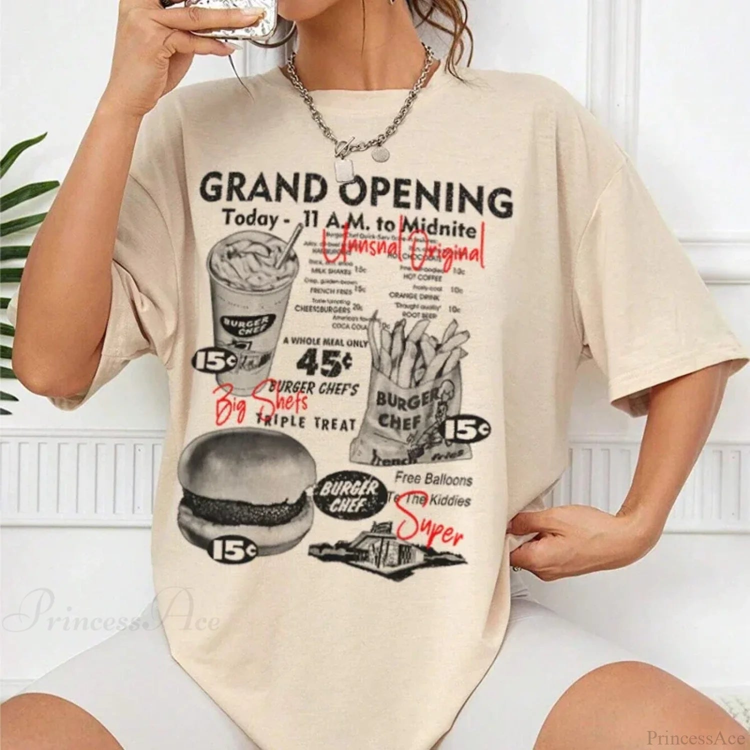 90s Retro Hamburger Fries T-shirt Khaki / S t-shirt-250223