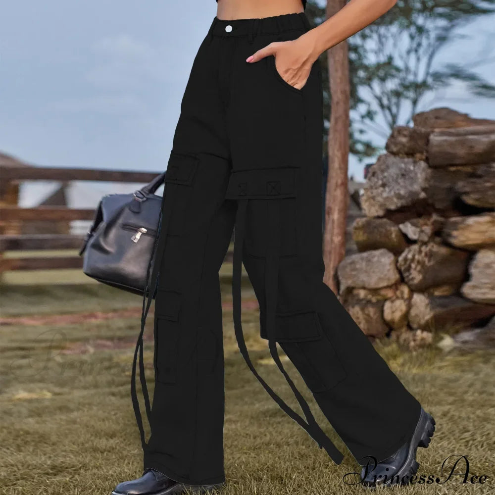 90S Streetwear Blue Cargo Casual Big Pockets Overalls High Waist Straight Denim Jean