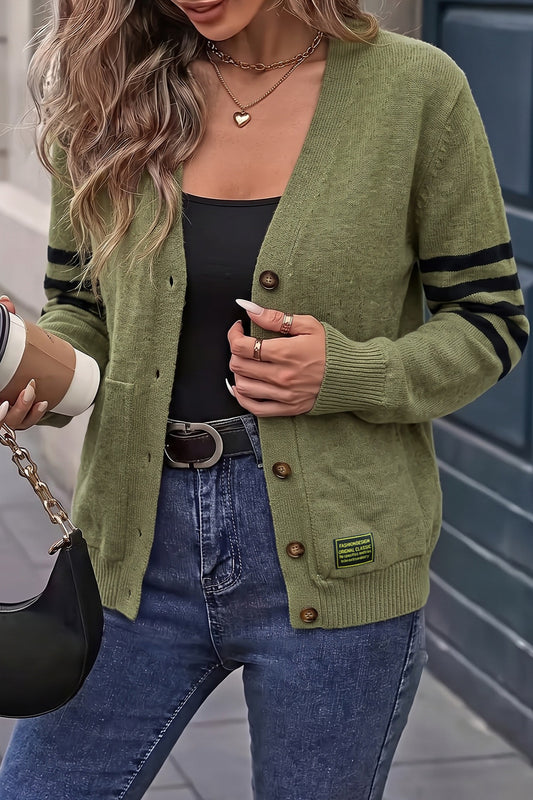 Olive Contrast Stripe Pocket Cardigans