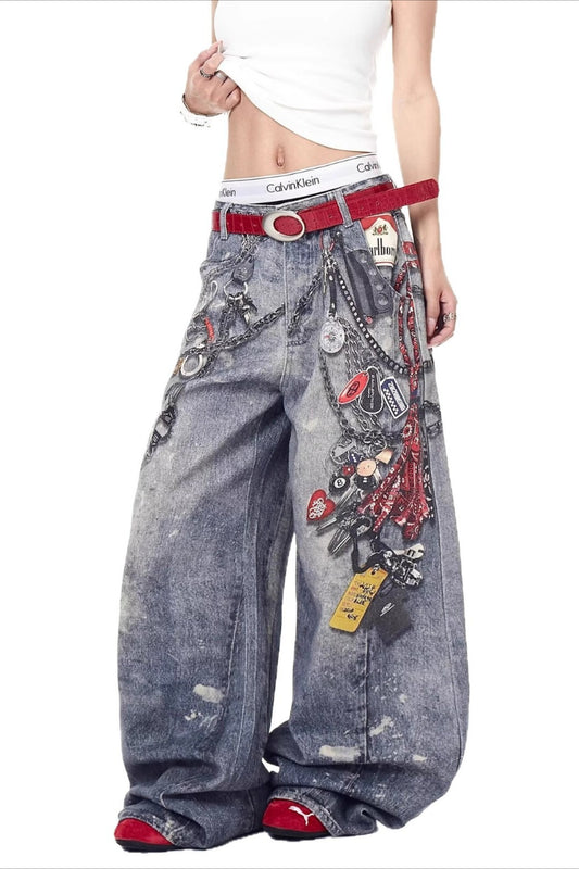 High Street 3D-Kettenprint-Jeans mit lockerem, weitem Bein
