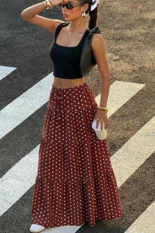 Polka Dot Ruffle Maxi Skirt