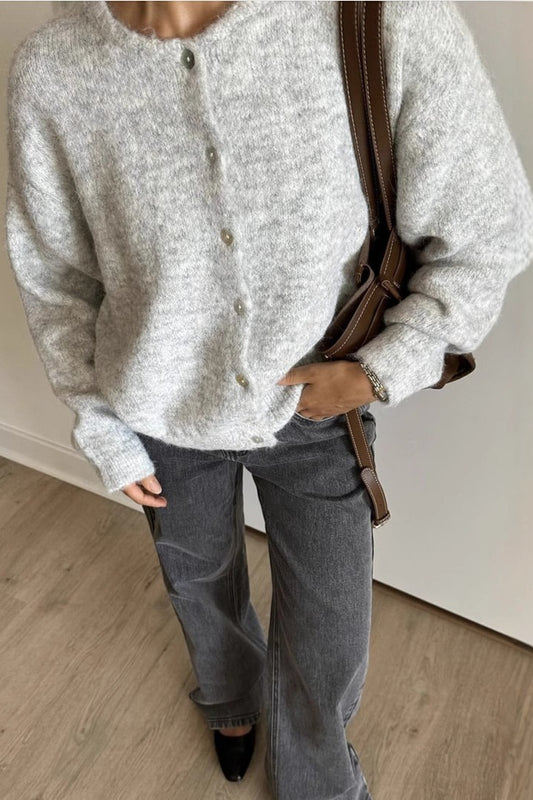 Textured Crew Neck Button Up Knit Cardigan