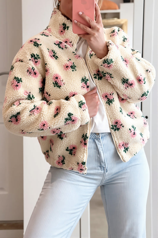 Floral Zip Front Sherpa Fleece Coat