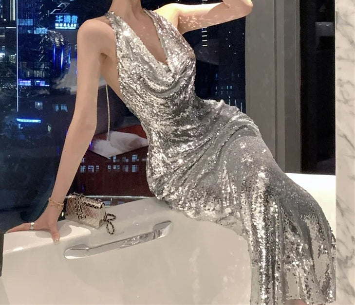 Halter Backless Pile Collar Mermaid Party Dress Partydress-241208