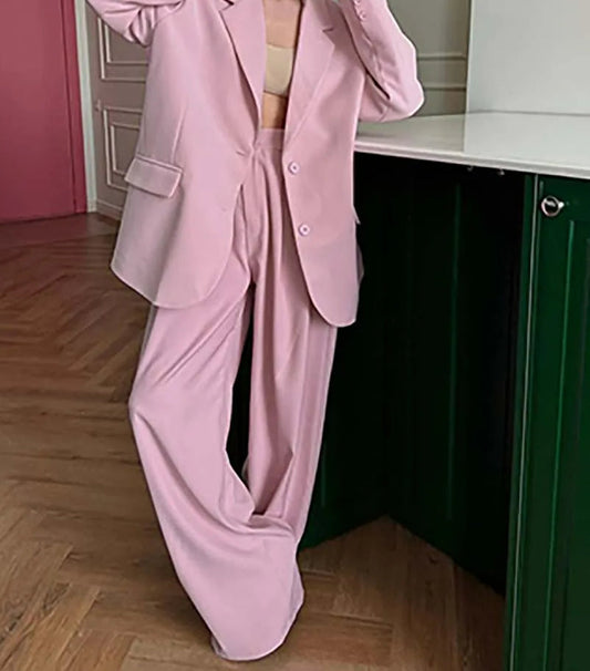 Rosa Blazer mit Taschen und gerader Hose fürs Büro, zweiteiliges Set